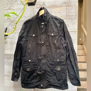 Zara Man | Long Black Denim Industrial Gothic Military Punk Jacket - Men's L